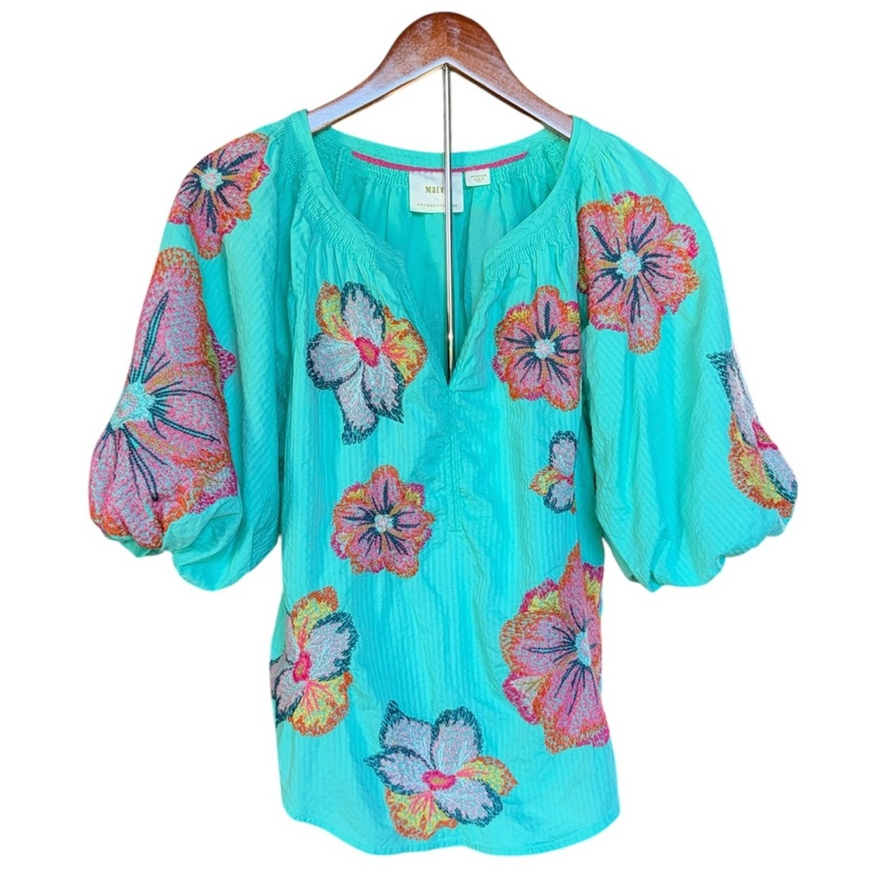 Maeve Embroidered Peasant Blouse by Anthropologie V-neck Puff sleeves Sz Medium
